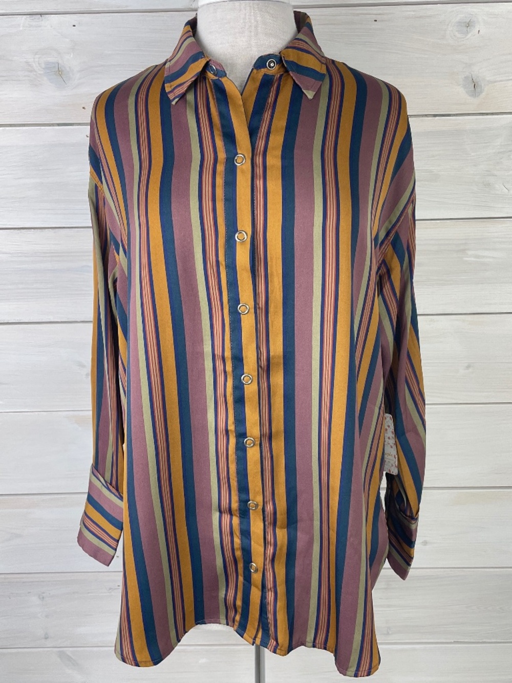 Free People Burgundy Brown Striped Long Sleeve Snap-up Blouse - NWT $98